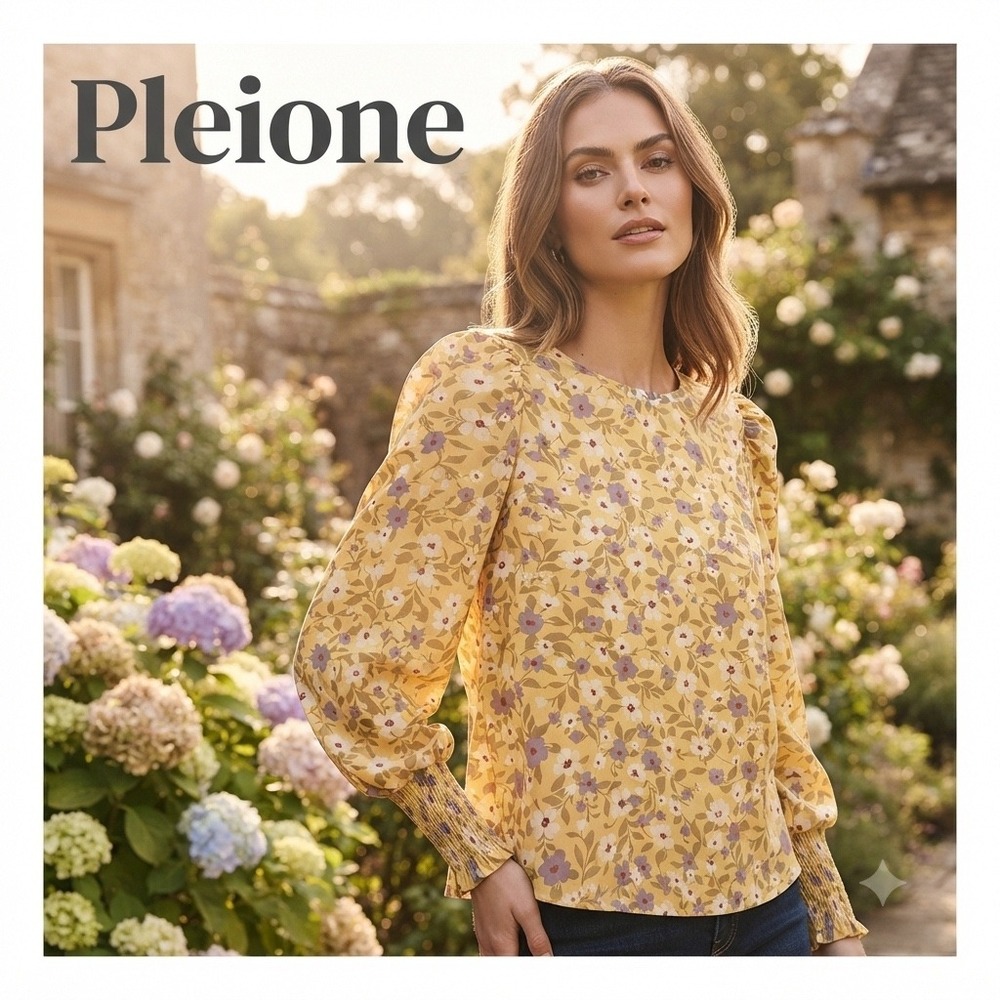 Pleione Yellow M Floral Puff Shoulder Smocked Cuff Blouse Long Sleeve WOS011273